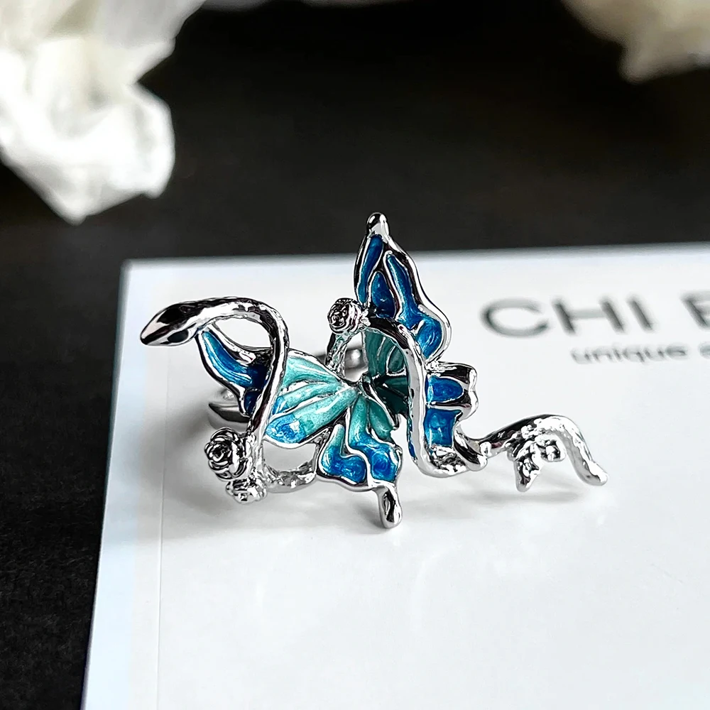 Fashionable Spirit Snake Wrapped Butterfly Ring Jewelry Cute Snake with Butterfly Stud Earrings Necklace Women's Party Jewelry