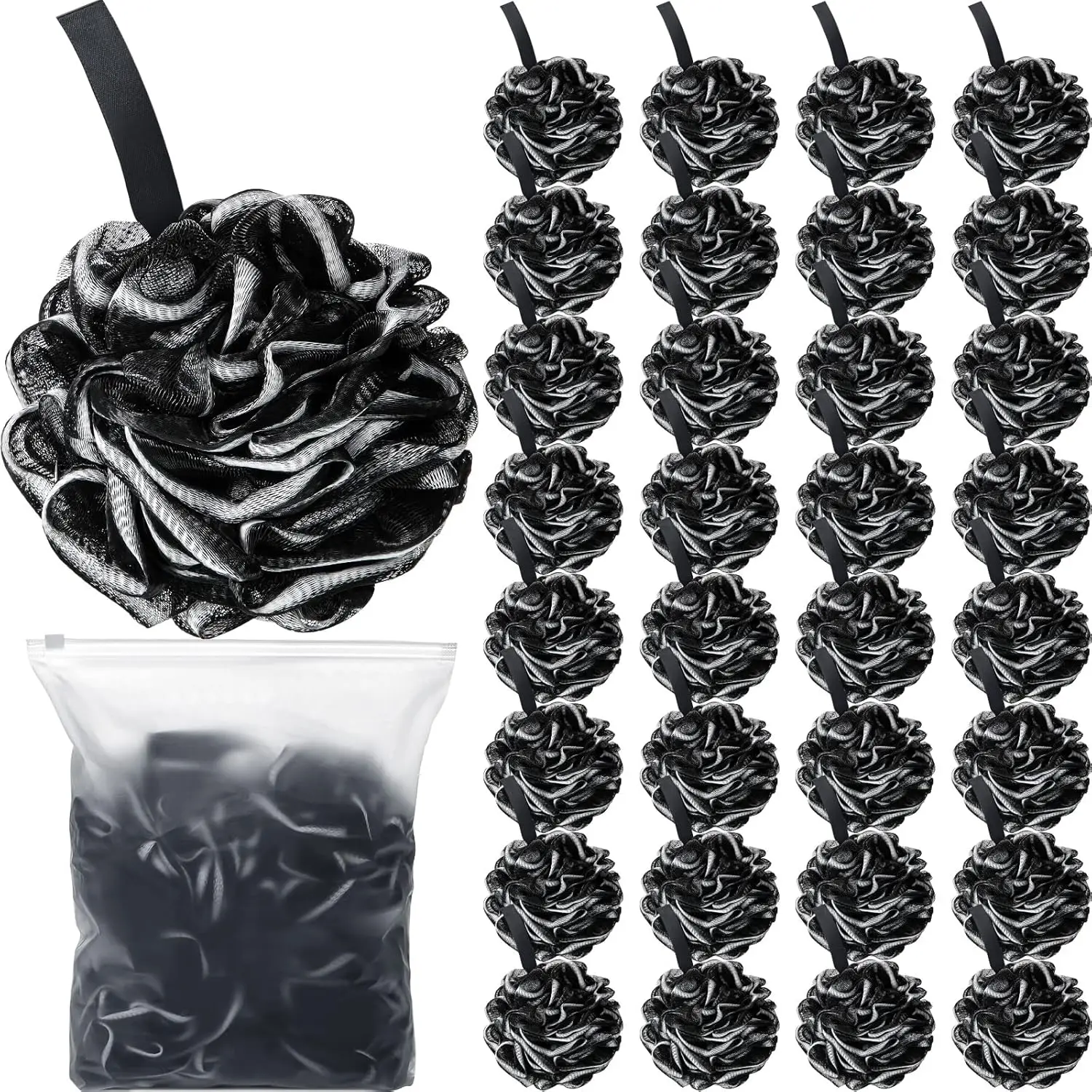 

32 Pcs Bath Sponge Shower Loofahs Bulk 60 g Charcoal Body Shower Sponge Large Mesh Puff Soft Scrubber for Men and Women