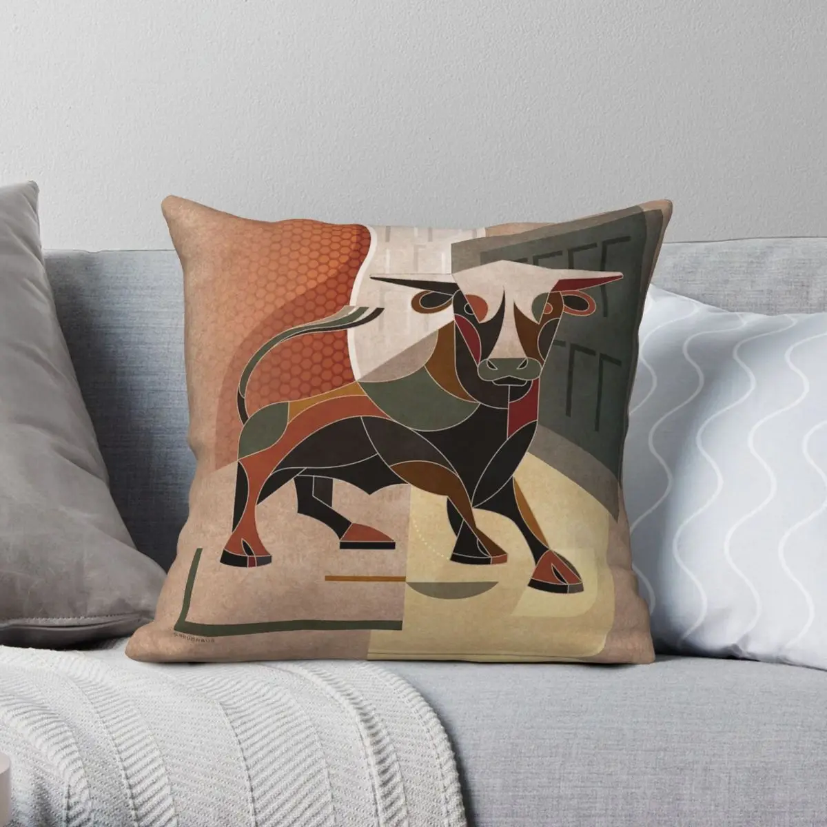 The Birmingham Bull Square Pillowcase Polyester Linen Velvet Creative Zip Decor Throw Pillow Case Home Cushion Case