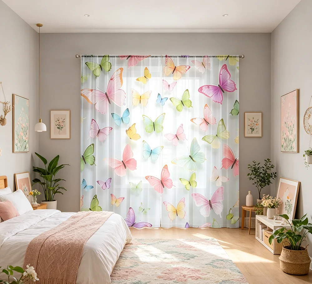 2PCS Digital Printing Sheer Curtain, Dandelion Wishes Fluffy Seeds Pattern, Dreamy Whimsical Nature Spring Minimalist Decor