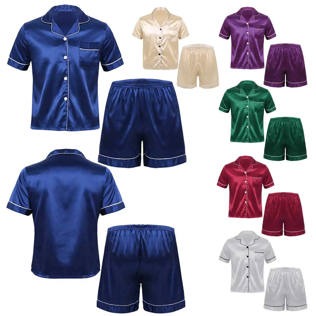 Men Two Piece Satin Sleep Outfits Set Sleepwear Short Sleeve And Shorts Classic Nightwear Bedroom Home Leisure Wear Pj Sets