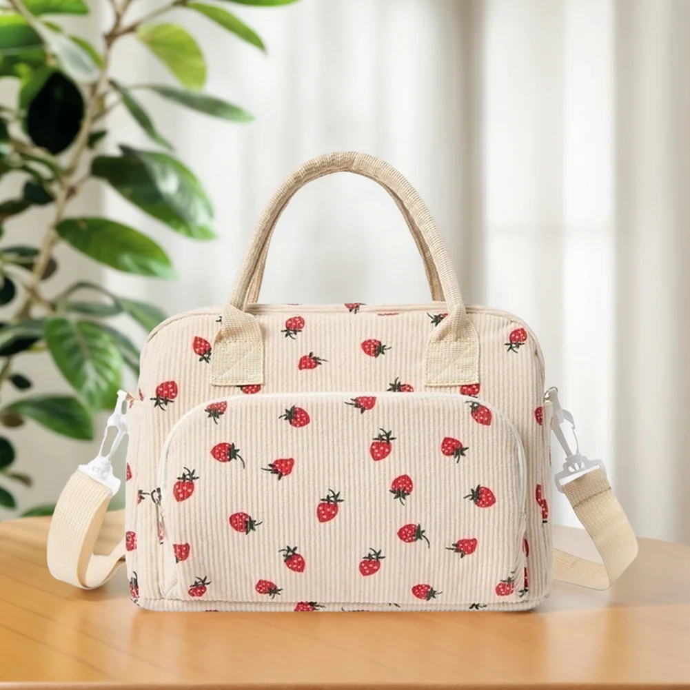

Cute Corduroy Reusable Lunch Box With Shoulder Strap Heat-insulated Handbag Leakproof Multi-Function Lunch Bag for Women Girls