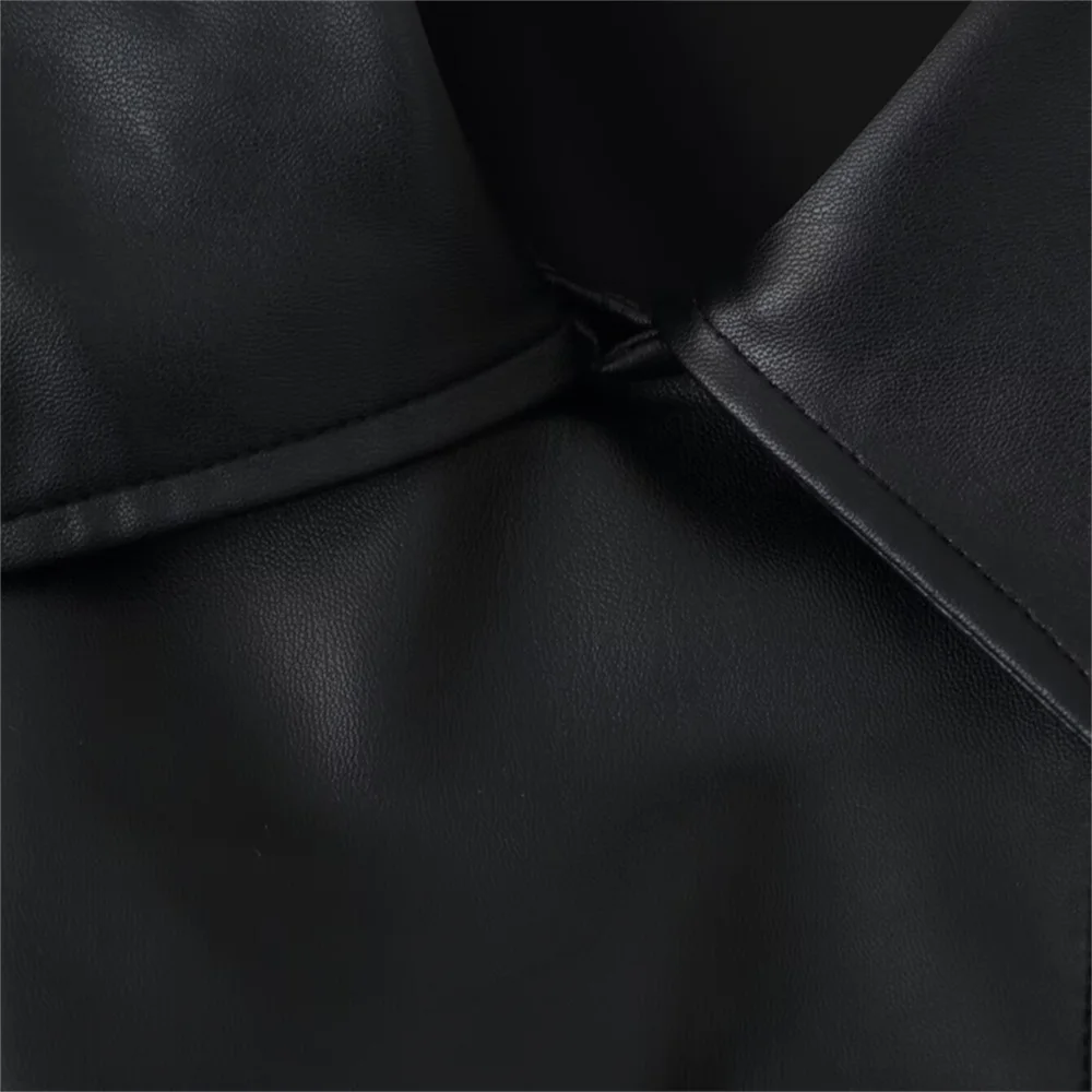 レディースファッション カジュアル ラペル 長袖 ベルト飾り シングルブレスト フェイクレザー ショート丈 ウィンドブレーカー