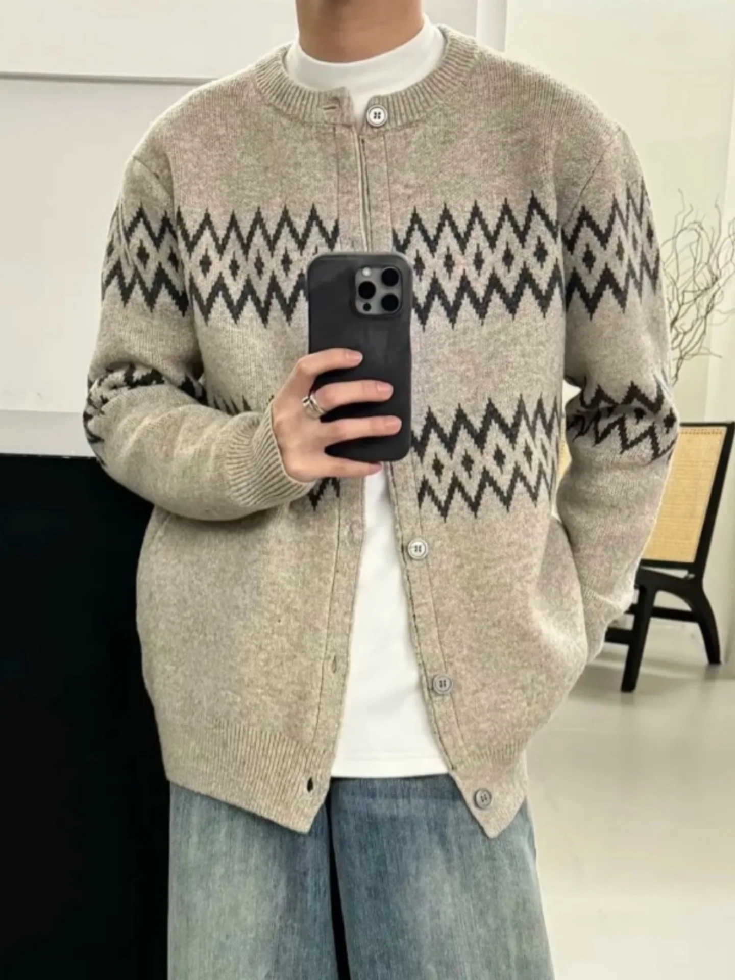 

Мужской свободный вязаный кардиган в стиле Fair Isle с вышивкой, осенне-зимний, в американском ретро-стиле, мягкий хлопковый, с длинными рукавами