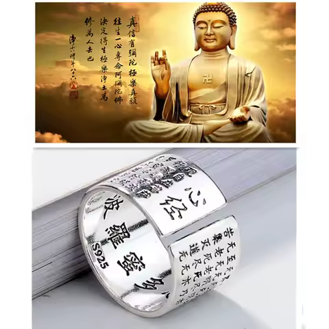 Fashion S925 Silver Ring Men Jewelry Blessing Buddhist Heart Sutra Full Text Ring Male Finger Accessories Openning Size