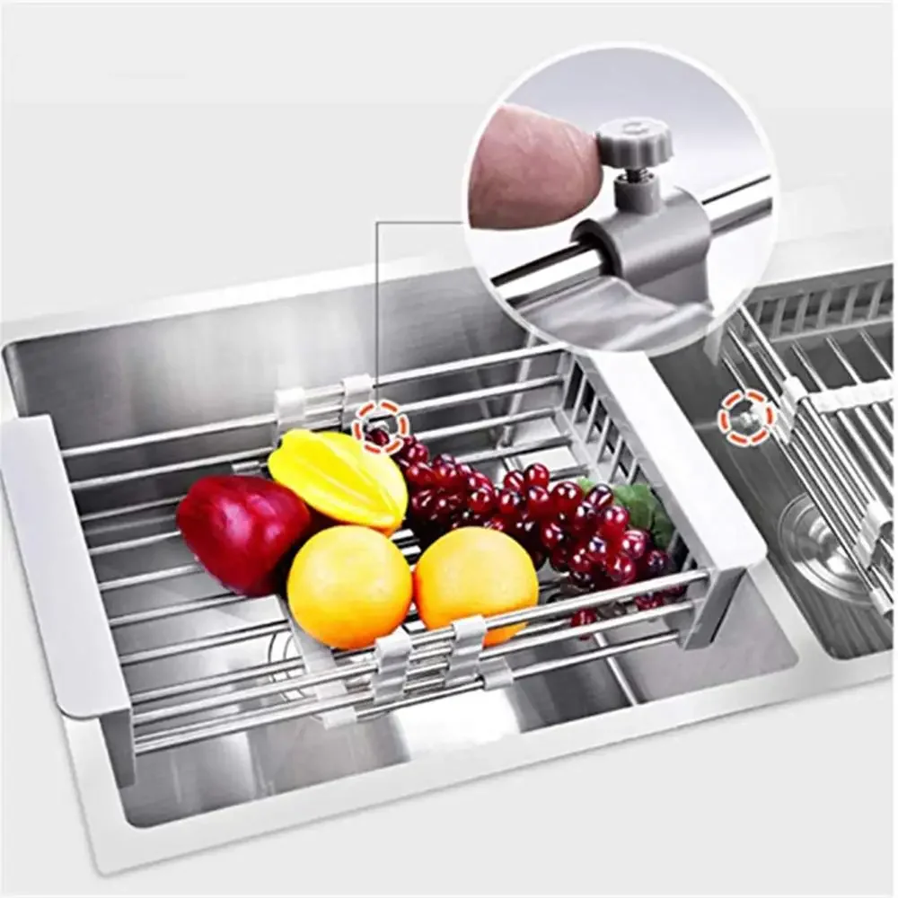 Stainless Steel Adjustable Telescopic Kitchen Over Sink Dish Drying Rack Insert Storage Organizer Fruit Vegetable Tray Drainer