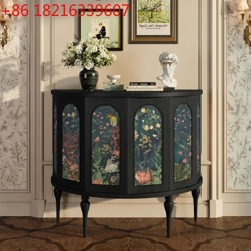 YAOAmerican Style Solid Wood Porch Cabinet Living Room Entrance Hall Storage Decorative Retro Semicircular Hexagonal Cabinet
