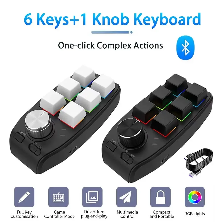 

6 Keys 1 Knob Programming Macro Custom Bluetooth Keyboard Copy Paste RGB Mini Gaming Button Keypad Mechanical Hotswap Macropad