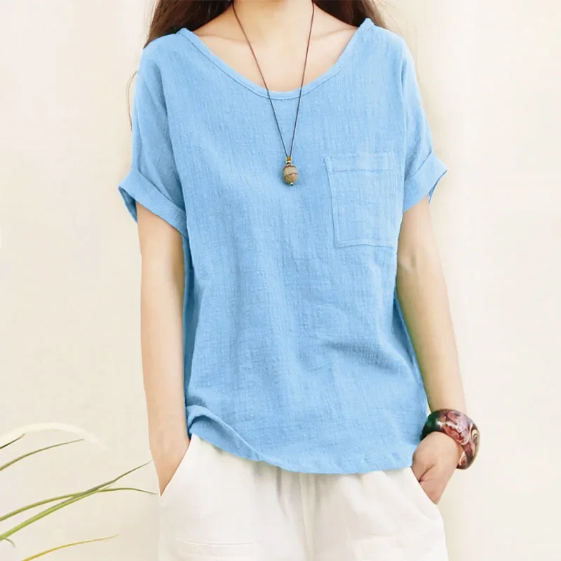 

New in solid color Loose Cotton Linen Blouses Women's Summer Print Shirts Casual Short Sleeve O Neck Solid Shirt Holiday Tops