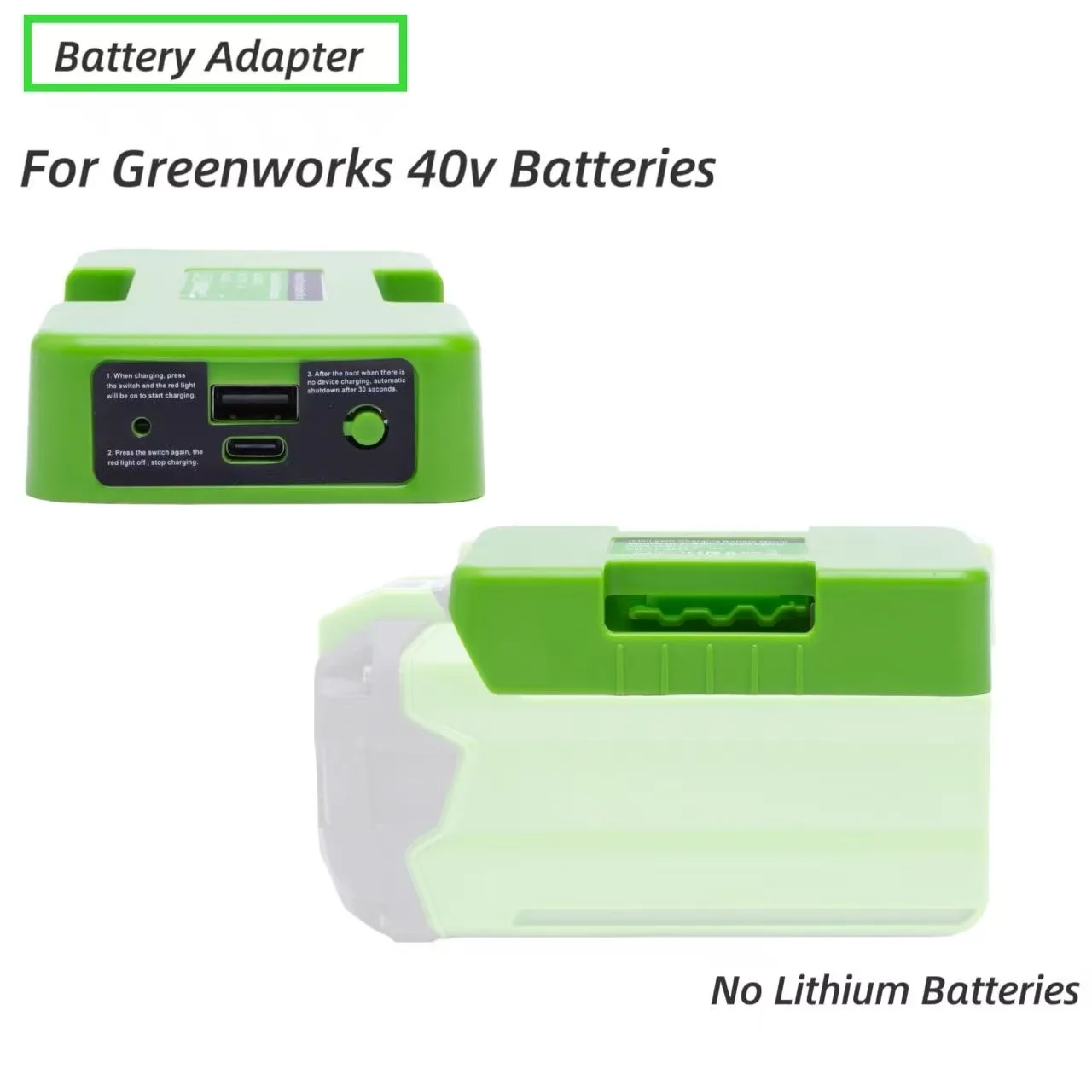 

Power Bank USB Battery Adapter for Greenworks 40v Lithium Wireless portable Converter W/USB C-type DC port(No Battery ）