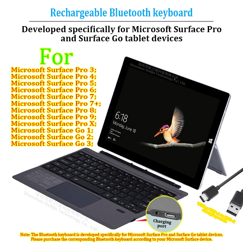 Acessórios para tablet magnético sem fio com touchpad teclado Bluetooth para Microsoft Surface Go e Microsoft Surface Pro