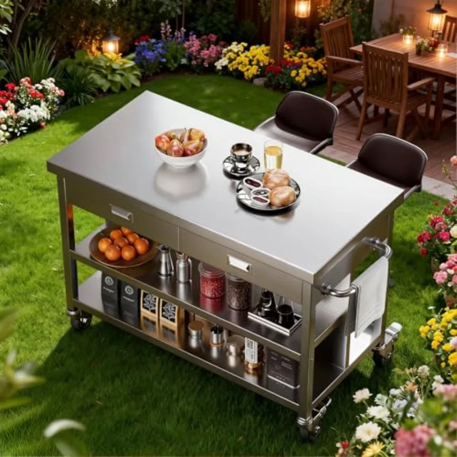 

Кухонный остров из нержавеющей стали 50 см с хранением, передвижной кухонный стол-остров на колесиках с 2 выдвижными ящиками, портативная тележка-остров для кухни