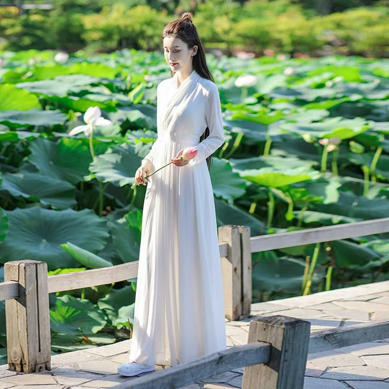 

Improved Chinese Style Hanfu Modern Dance Costume Classical Han Element Cosplay White Chiffon Long Sleeve Dress Fairy Elegant