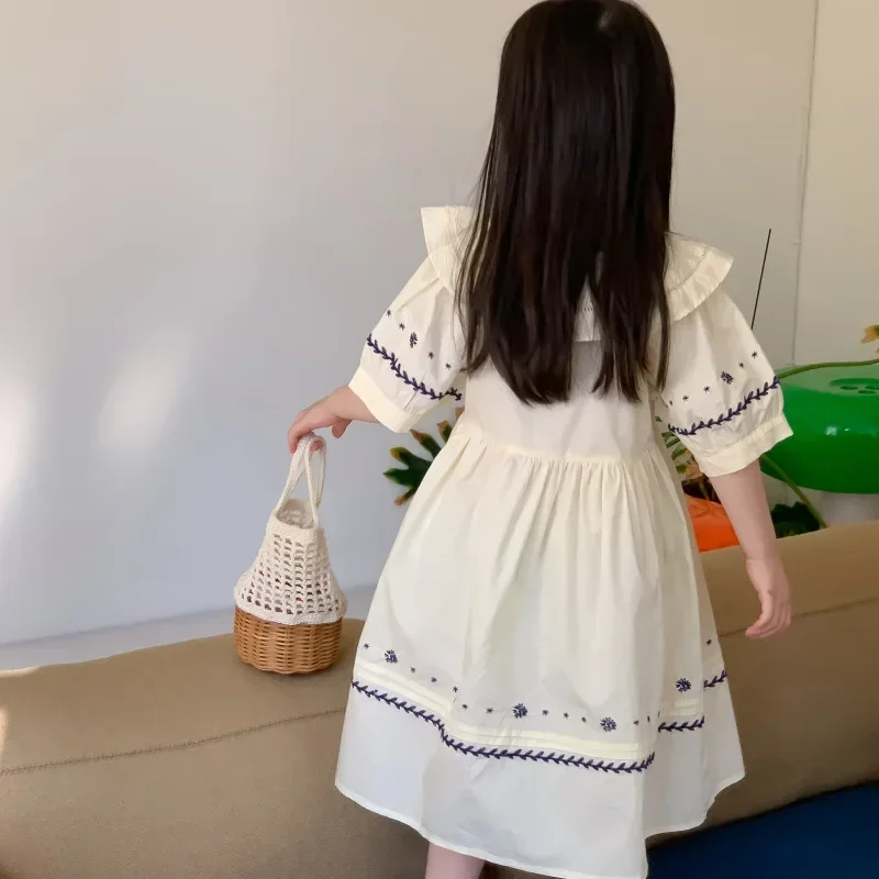 Retro Embroidery Kids Dresses Korean Style Loose Elegant Girls Casual Dress Puff Sleeve Spring Summer Children Clothes