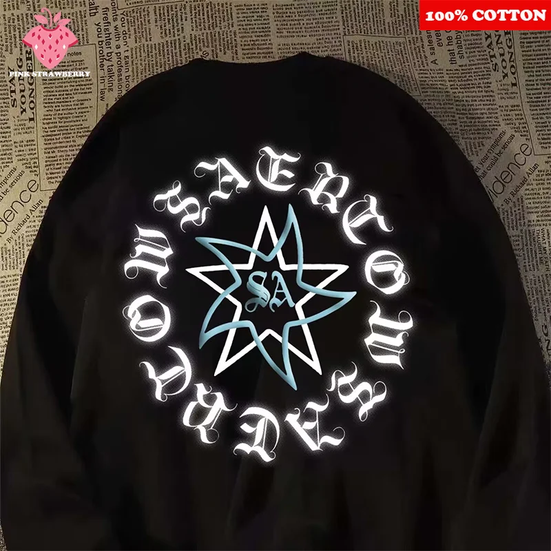 

American Retro Star Print T-shirt Men Autumn 2025 New 100% Cotton Oversize O-neck Casual Long sleeves Tee Top Y2k Man clothing