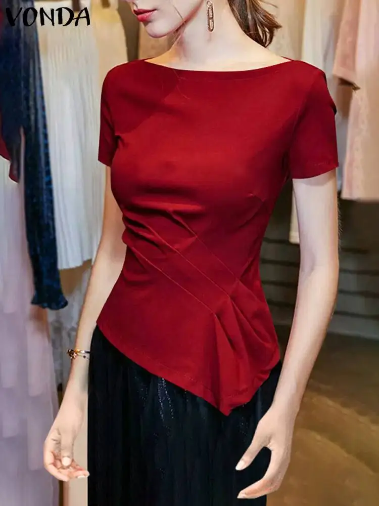 VONDA Summer Women Pleated Tops 2024 Fashion Blouses Elegant Short Sleeve Shirts Casual Solid Color Office Blusas Femininas