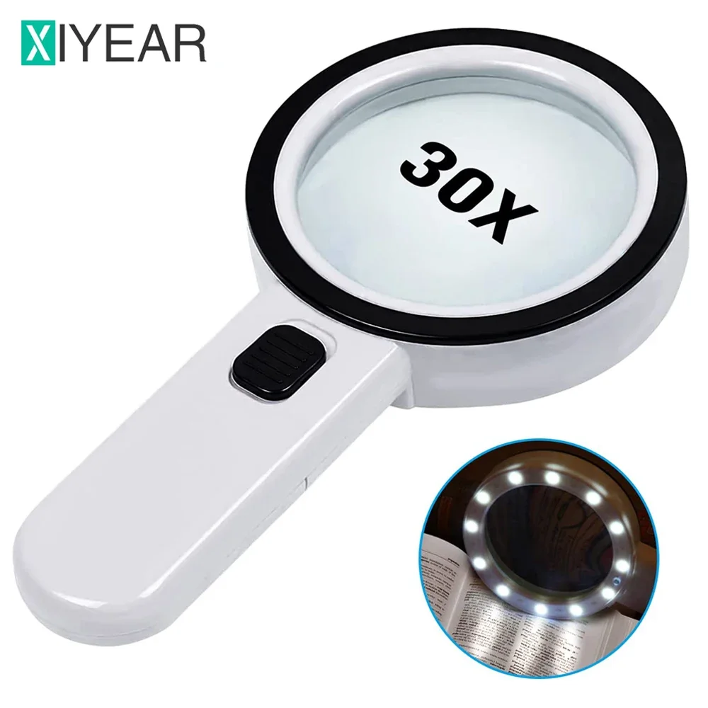 Handheld 30X Illuminated Magnifier Loupe Jewelry Magnifying Glass With 12 LED Magnifiers For Seniors Reading Watch Repair