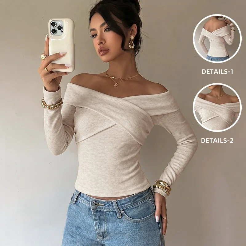 Women's Off Shoulder Long Sleeve Top Cross Wrap Design Slim Fit Knit Blouse Elegant Versatile Trendy Commute Office Cropped Tops