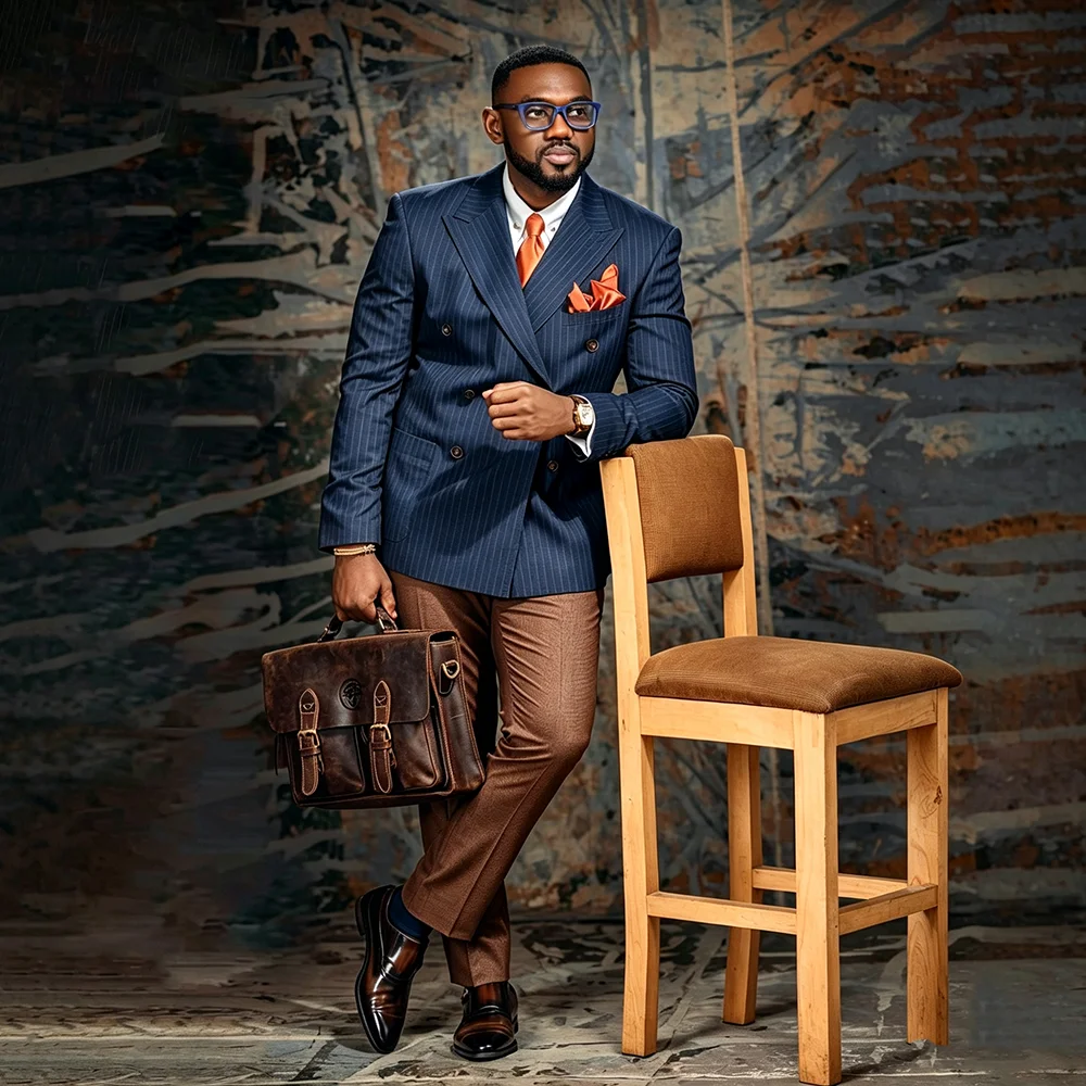 Fashion Double Breasted Men Blue Stripe Blazer 2 Pieces Slim Fit Boutique Male Clothing Work Commute Jacket Pants Customized