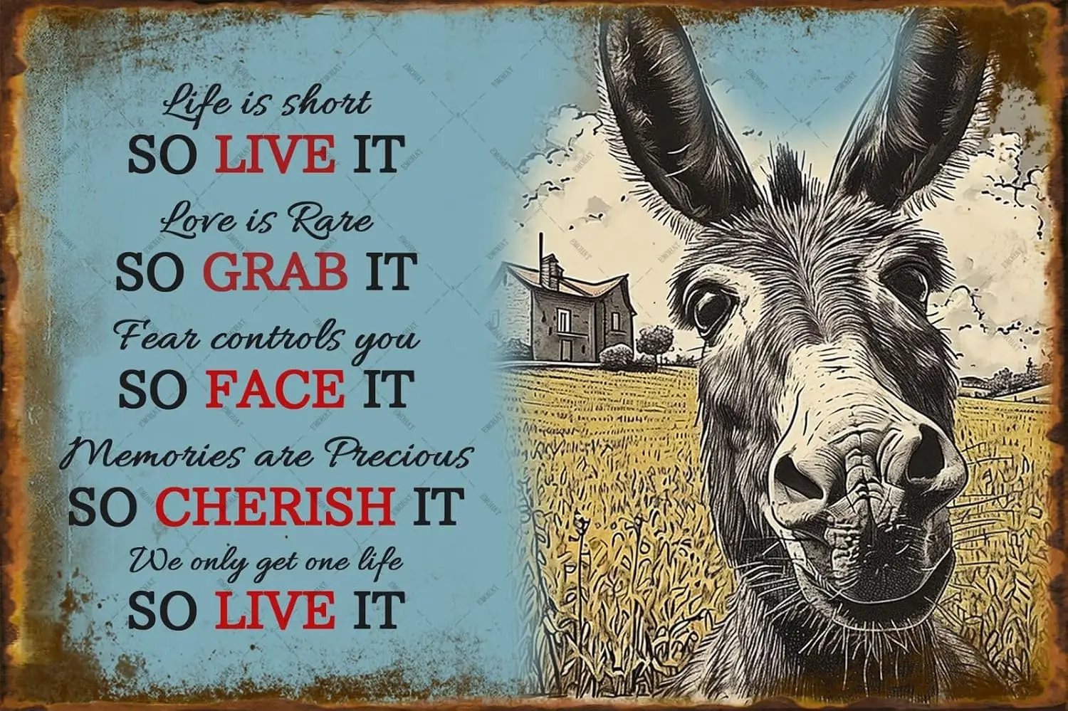 EMOHAT Donkey Metal Tin Sign Life Is Short Inspirational Wall Art Positive Motivational Quotes Poster Gifts Present  --Tin Sign