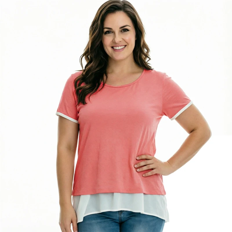 Fake Two Layer Nursing Maternity Tee Crew Neck Short Sleeve Contrast Trim Front Lift Back Split Soft Pregnant Women Daily Shirt