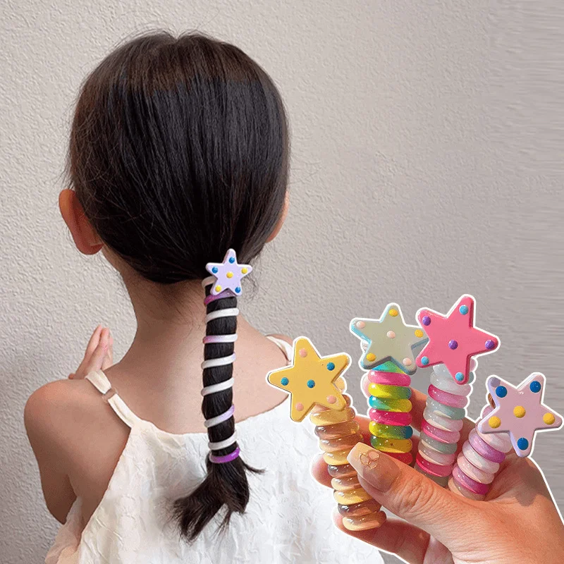 Colorful Star Telephone Line Hair Ropes Sweet Cartoon Elastic Rubber Bands Cute Girl Braided Artifact Kids Hair Accessories