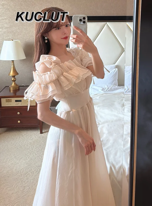 

Women's Elegant Dresses Summer New 2025 Japanese Sweet Ruffle Edge Tulle Strap Off-the-shoulder Waist Long Dress Femme