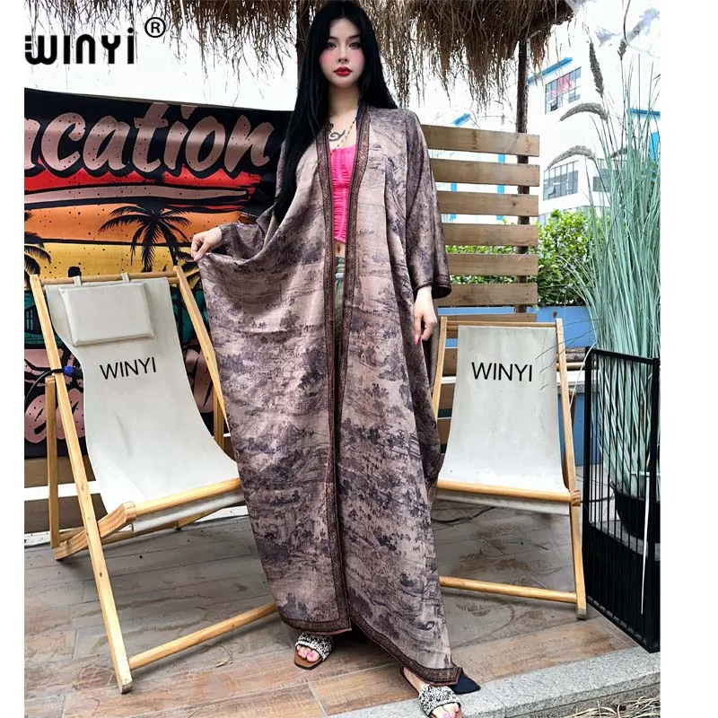 WINYI High-grade double-sided Retro printing dress Beach Wear Cover up fashion abaya elegant Holiday party Cardigan kimono