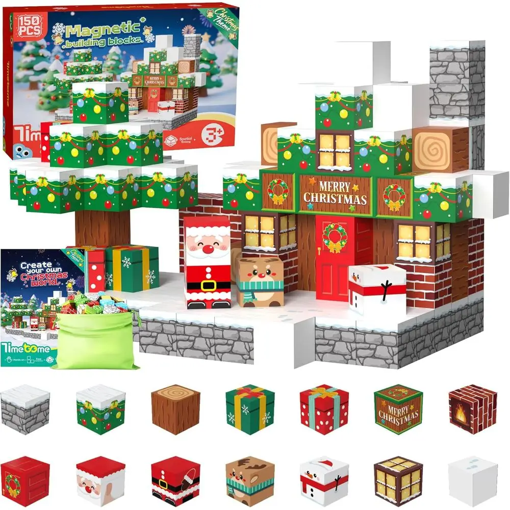 Juego de bloques de construcción magnéticos, juguetes STEM Montessori de 150 piezas para niños de 3 a 10 años, edición navideña