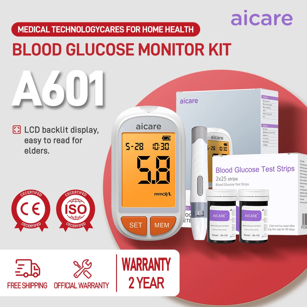 Aicare Kit de moniteur de glycémie 50/100 pièces bandelettes de Test lancettes pour moniteur de diabète glucomètre numérique LCD compteur de glycémie