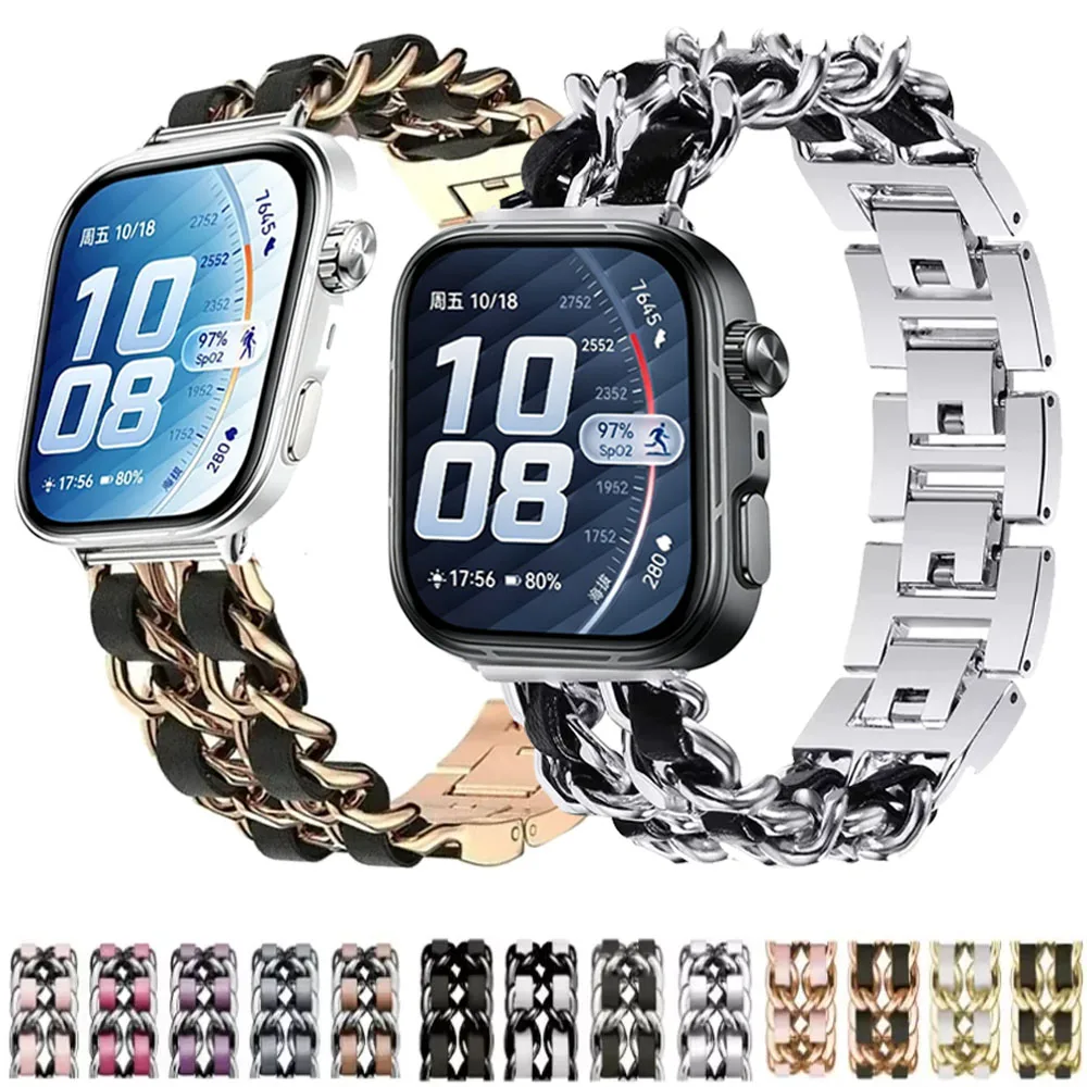 Metall+Leder-Armband für Huawei Watch Fit 3/4/4 Pro Verstellbares Ersatz-Armband für Huawei Watch Fit 5-5 Pro