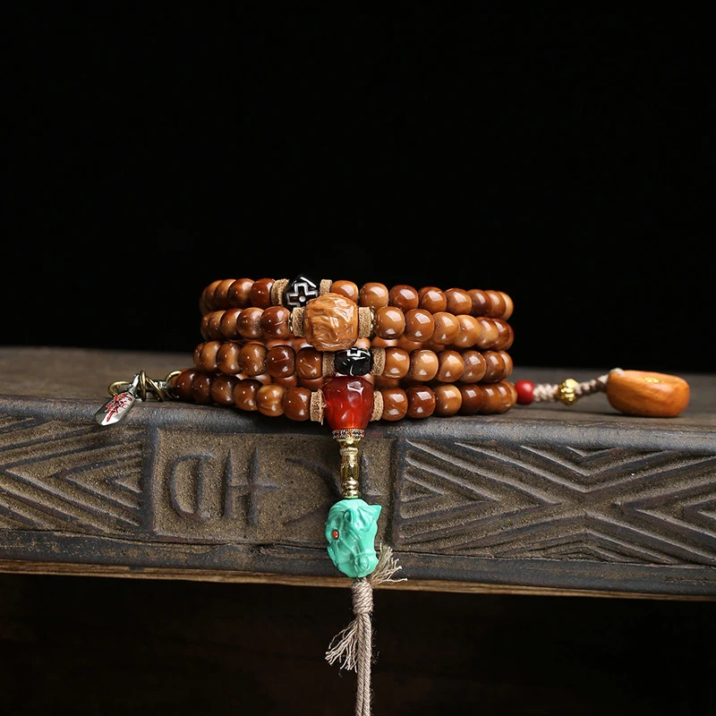 Tibetan-style Kuk 108-bead Buddha bracelet with agate three-way connector and copper accessories