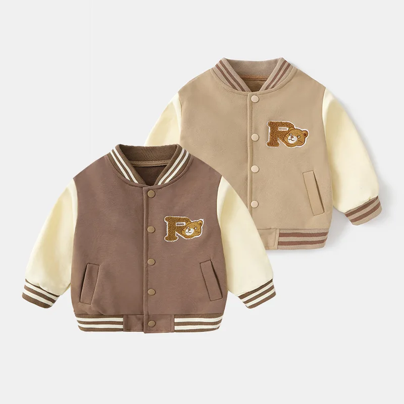 

Infant Babys Boys Baseball Uniform Cotton Letter Bear Print Little Boys Jackets Contrast Long Sleeve Toddler Kids Boys Outerwear