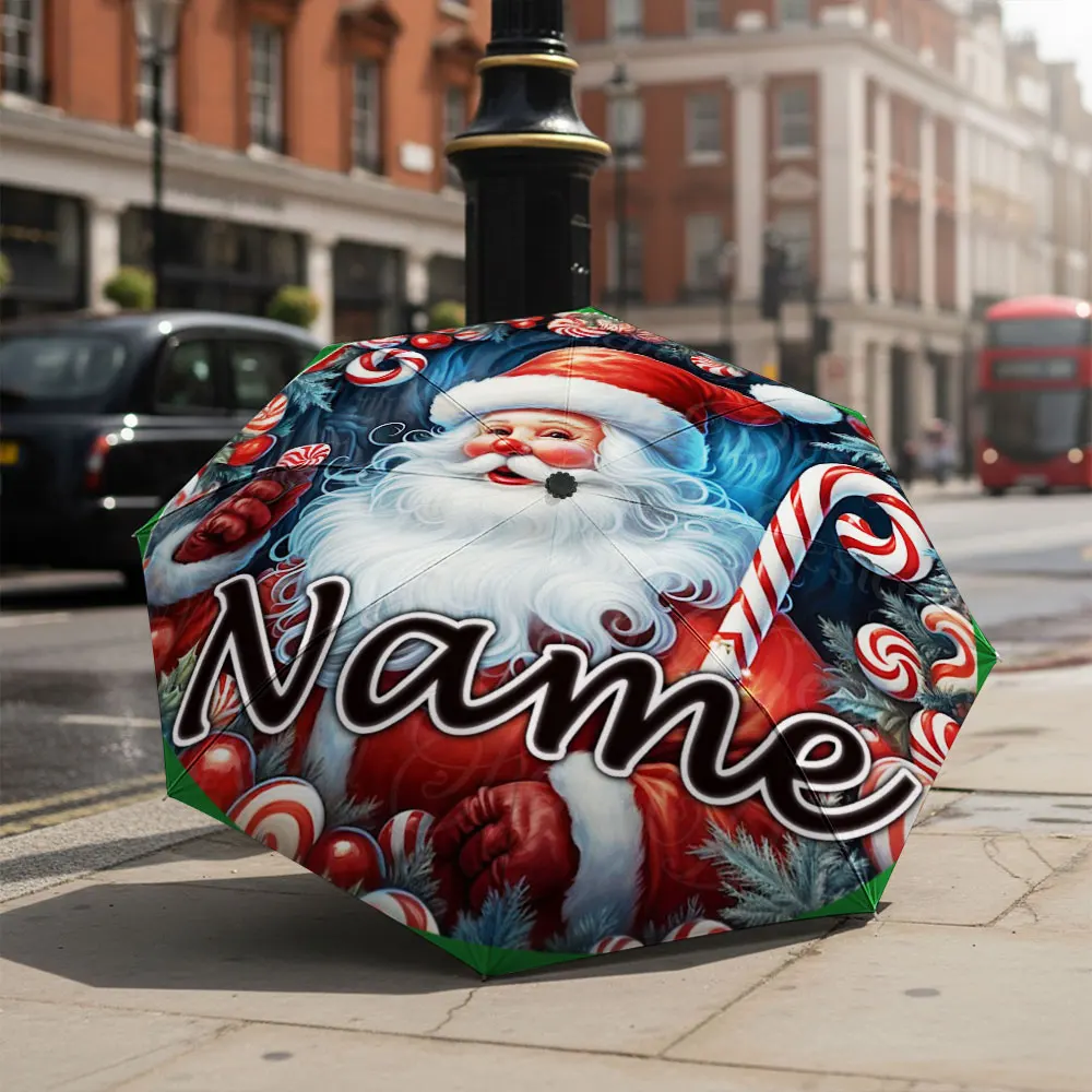 Custom Name Umbrella Santa Claus Candy Cane Christmas Print Folding Umbrella Compact Portable Travel Parasol For Xmas Decor