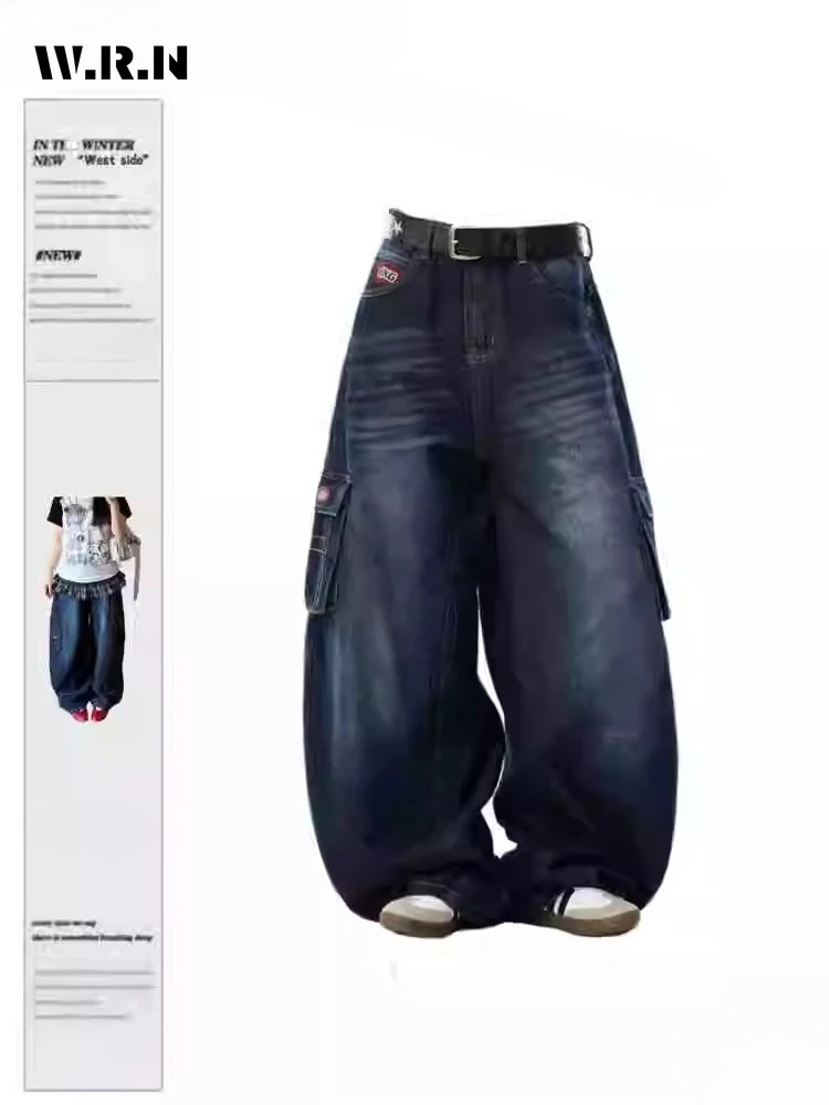 

American Retro Y2K Washed Baggy Grunge Jean Street Hip-hop Mop Full Length Pants Women's Emo Pockets Casual Denim Trouser