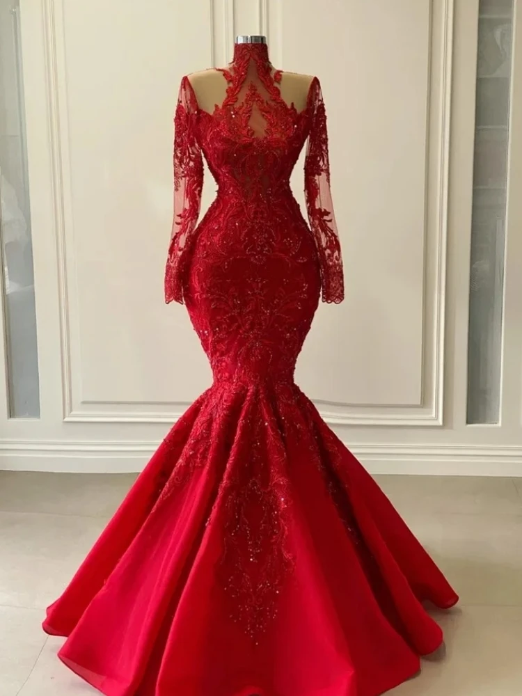 Custom Made Luxury Red Mermaid Evening Dresses Long Sleeve High Neck Lace Applique Long Women Formal Occasion Gown Party Wear