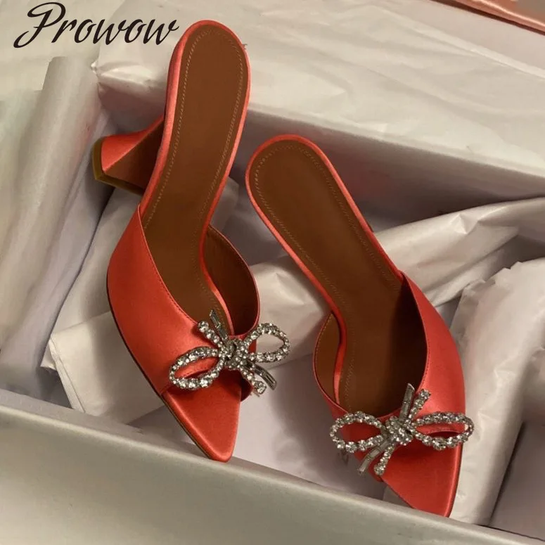 

Spring and summer pointed head bow rhinestone high heel slippers fish mouth fashion wine glass and sandals women's large size