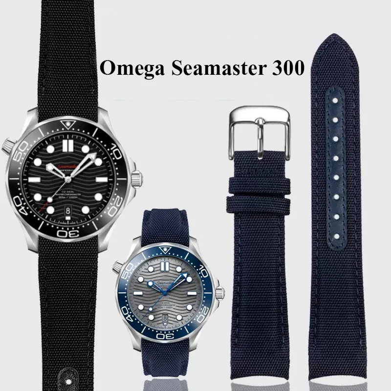 

Arc nylon Leather Bottom watch Band 20MM for Omega Seamaster 300 Speedmaster Observatory 210.30 Blue Canvas Fabric Watch Strap