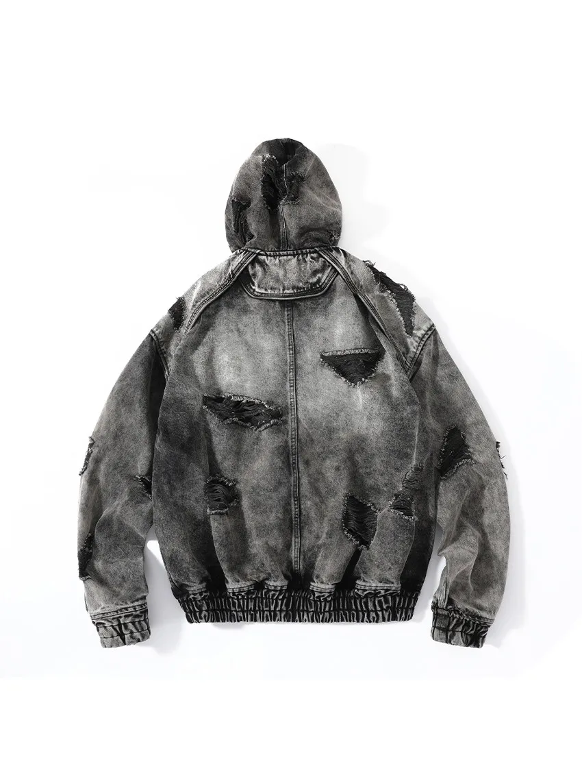 Juunj wash do old damage erosive wasteland wind hooded denim jacket dirty fit