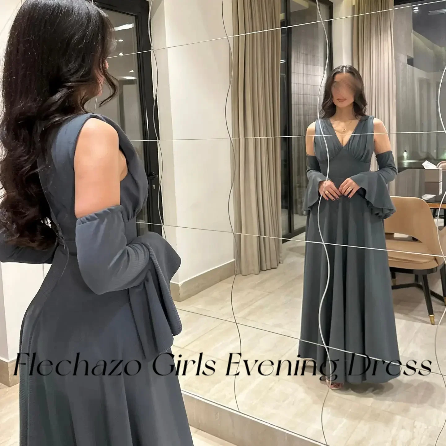 Flechazo Gray Evening Dresses V Neck A Line Sleeveless Elegant Formal Party Dress For Women 2024 vestidos de gala  فساتين السهرة