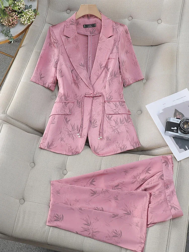 Summer Women Pant Suit Yellow Pink Brown Office Ladies Female Business Work Wear 2 Piece Set Formal Blazer Jacket And Trouser