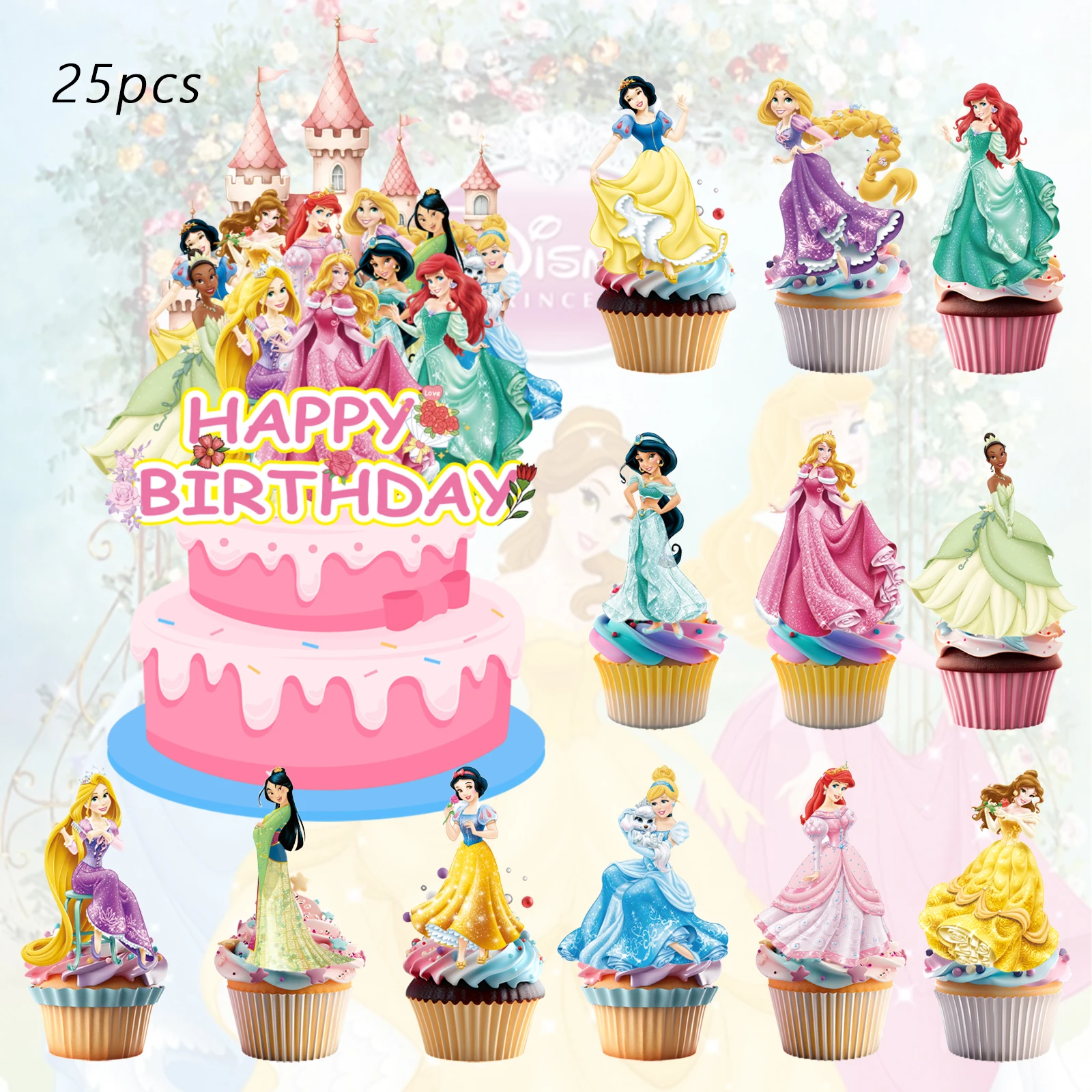 قطعة علوية لكعكة أميرات ديزني، أغطية كب كيك للفتيات، مستلزمات حفلات أعياد ميلاد الأميرة الوردية، عيد ميلاد الأميرة #1