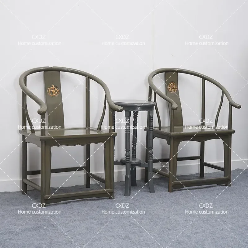 New Chinese solid wood simple dining chair three-piece set old elm antique official hat chair armchair classical art old