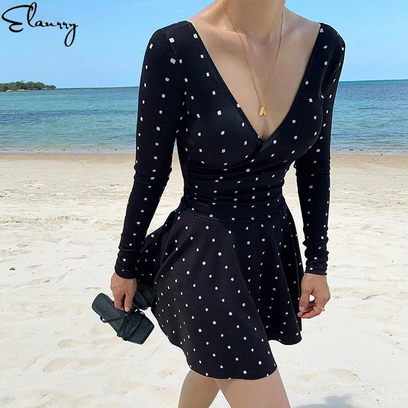 2022 Newest Sexy One piece Swimsuit Long Sleeves Swimwear Women Padded Swim Skirt  Bodysuit Female Beach Bathing Suit Summer