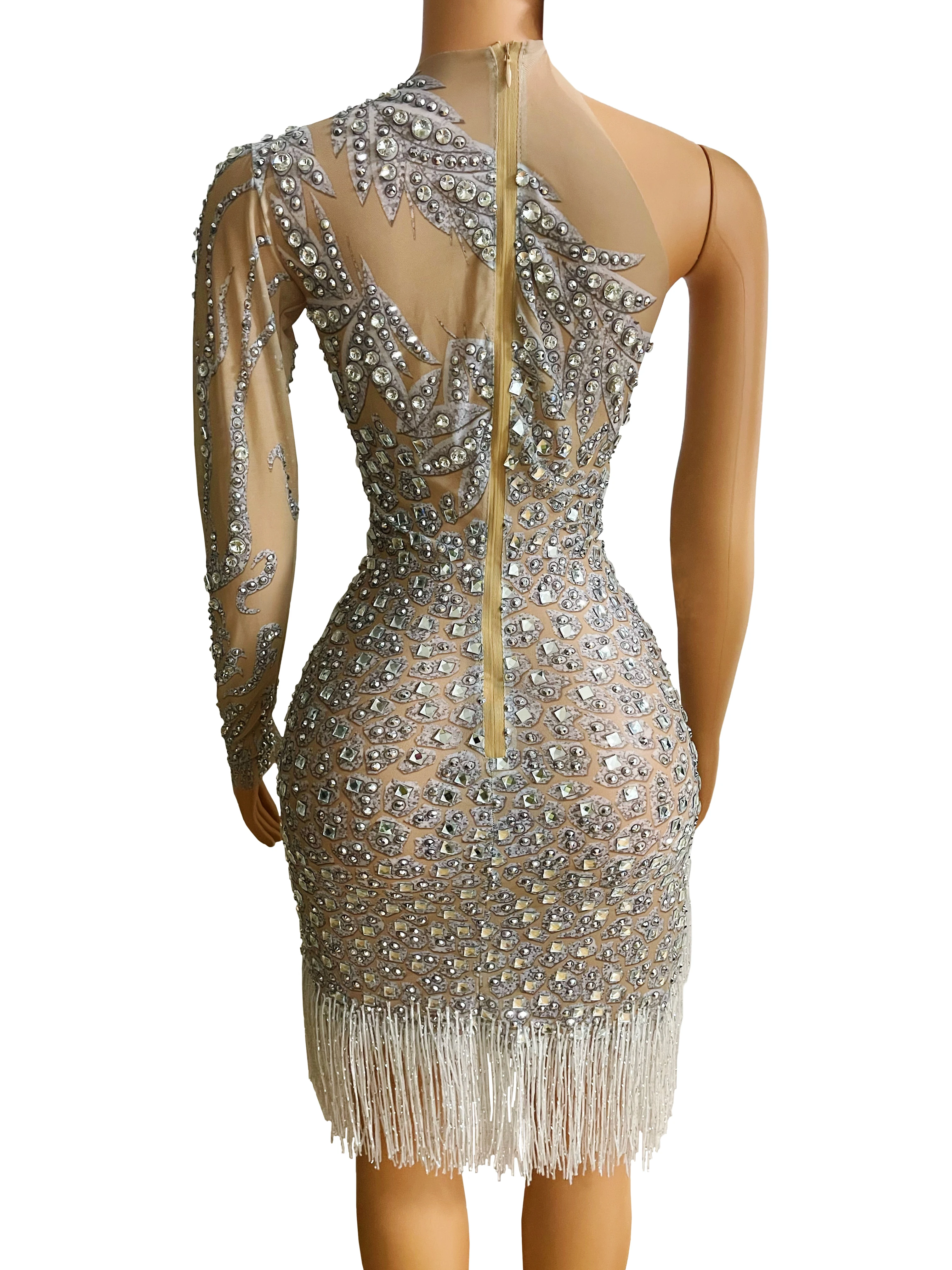 Sexy vestido de dança latina palco desempenho moda mostrar traje um ombro folhas strass franjas vestido transparente