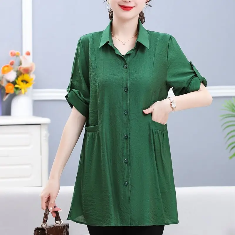 Casual Solid Color Midi Shirt Commute Single-breasted Fashion Turn-down Collar Summer 3/4 Sleeve Female Clothing Pockets Blouse