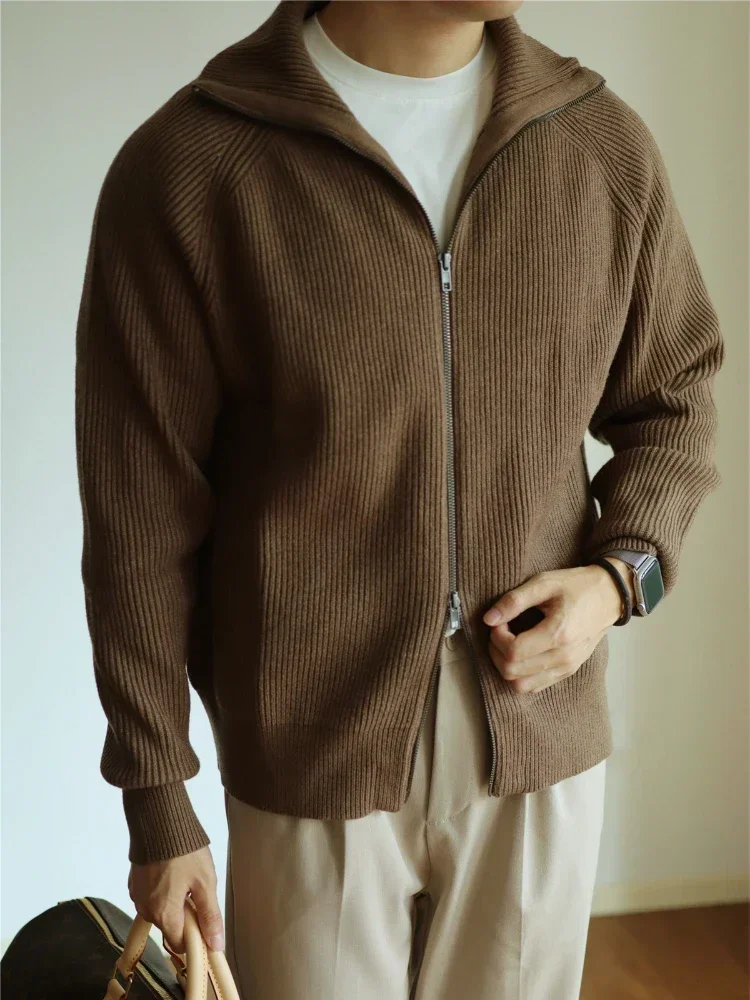 Vintage Zip-up Cardigan Men Casual Mature Knitted Outwear Soft Warm Japanese Style Harajuku Simple Handsome Autumn Winter Hombre
