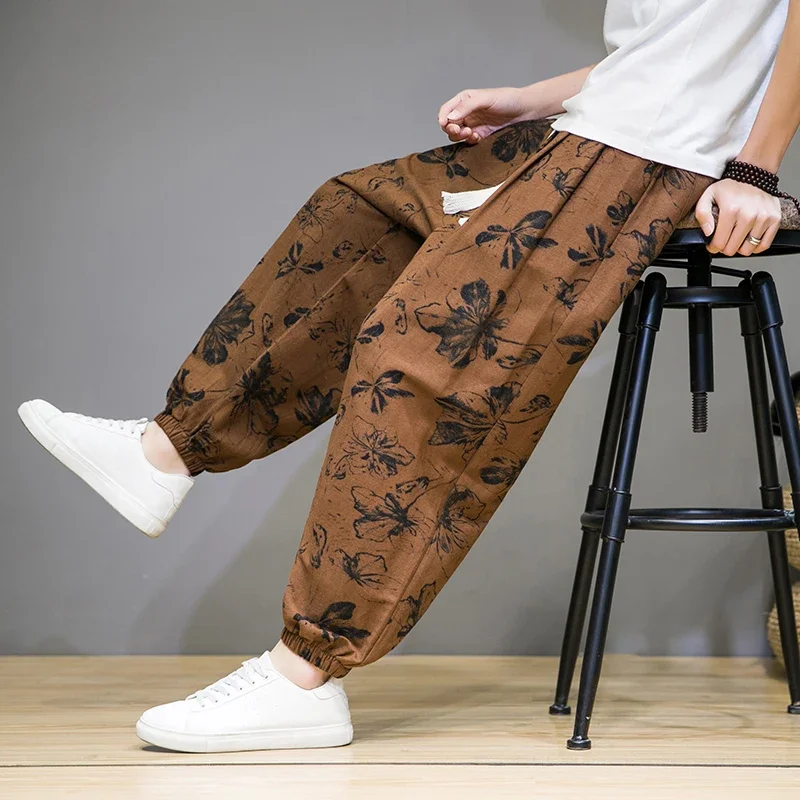 

2023 Chinese Style Men Spring Summer Thin Breathable Cotton Linen Men Harem Pants Printed Casual Pants Loose