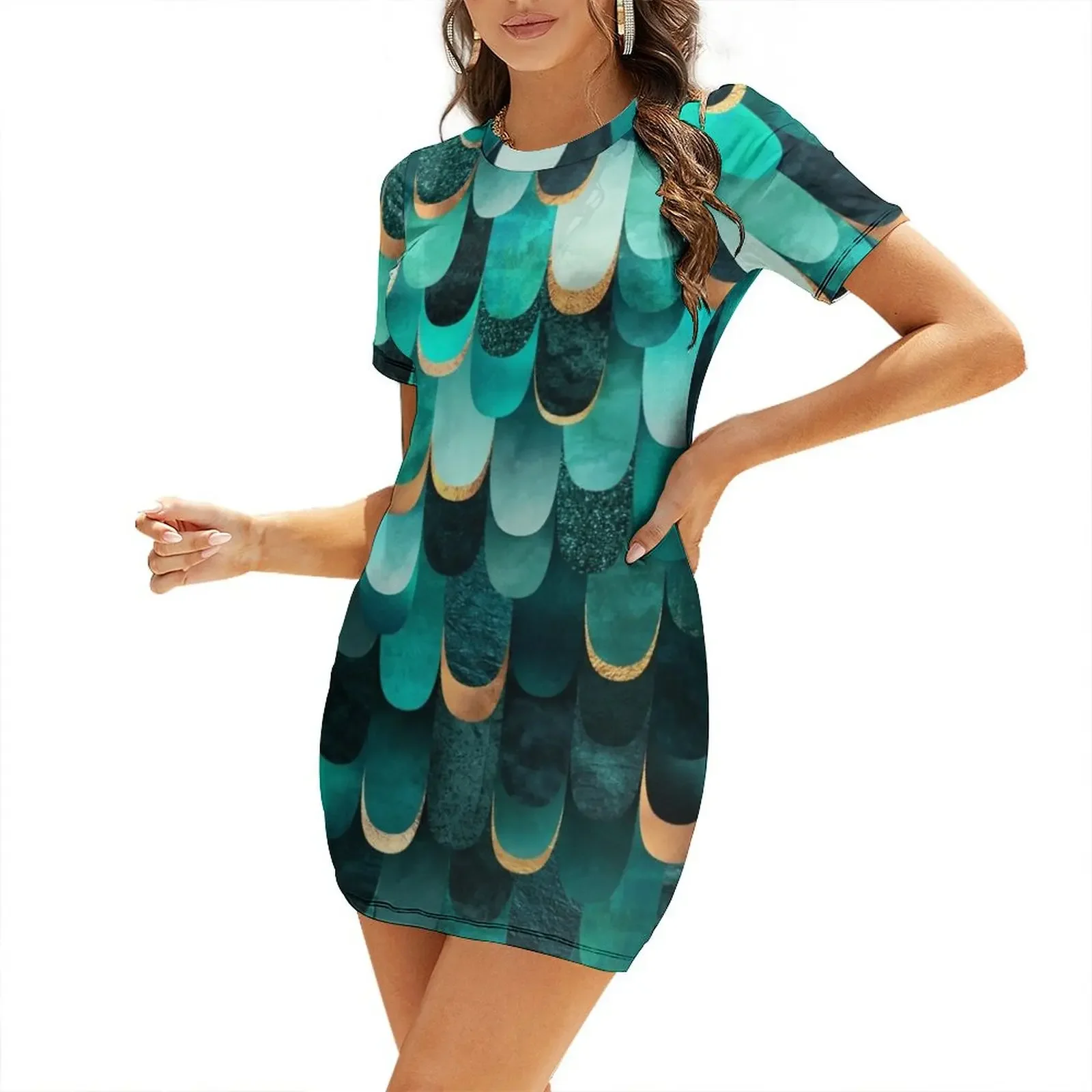 

Feathered - Turquoise Short-Sleeved Dress Woman clothes women dresses evening dress women summer outfits for women 2026