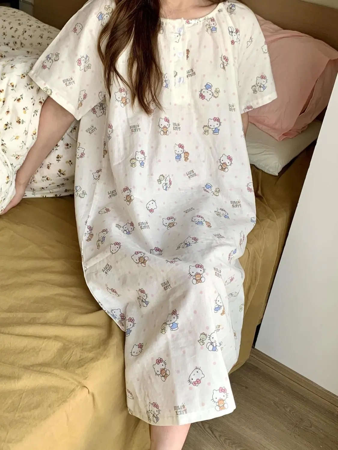 Pijama de Algodón Sanrio, Vestido Hello Kitty, Camisón Largo, Estilo Y2K, Manga Corta, Ropa de Dormir, Pijama Bonito para el Hogar, Nuevo